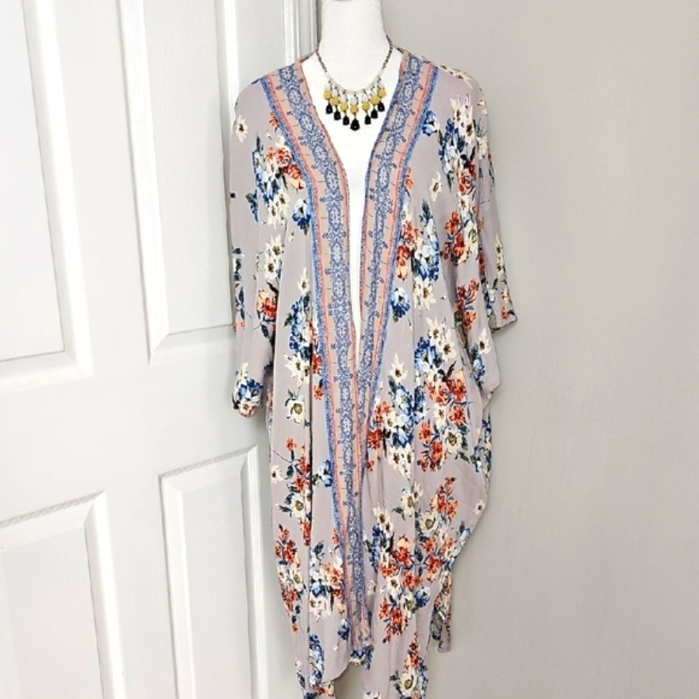 Angie Women's Boho Floral Open Kimono Duster Size M